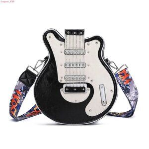 Women’s Kitschy Guitar Crossbody Bag Faux Leather Black Multi